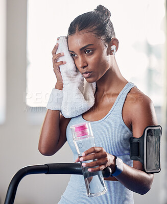 Buy stock photo Black woman, gym and rest with towel for fitness, health and workout for strong body, muscle and focus. Woman, exercise and relax with cloth for sweat while training, running and cardio on treadmill