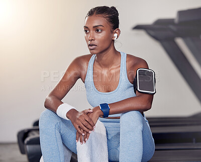 Buy stock photo Fitness, woman and break in sweat from running exercise, cardio workout or training on treadmill at the gym. Tired female relaxing after intense exercising sport run for healthy breathing or wellness