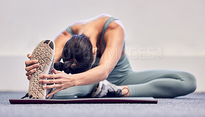Buy stock photo Woman, fitness or legs stretching on mat in gym workout, training or exercise for muscle relief, tension release or body health wellness. Sports athlete, personal trainer or coach in warm up on floor