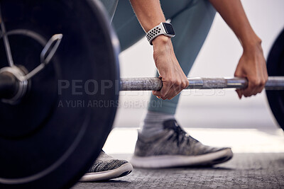 Buy stock photo Fitness, exercise and strong, woman with barbell doing deadlift during workout and weight training for a healthy body. Sports model with a watch and weights for motivation, health and wellness