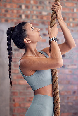 Buy stock photo Woman, rope climb and fitness, muscle and strong with upper body workout at gym, active lifestyle and training for health and wellness. Exercise, core strength and endurance with sport motivation.