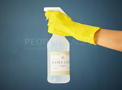 Buy stock photo Cleaner hand, glove and product for cleaning, hygiene and cleaning service with detergent advertising mock up. Eco friendly chemical, spray bottle with disinfectant and cleaning supplies.
