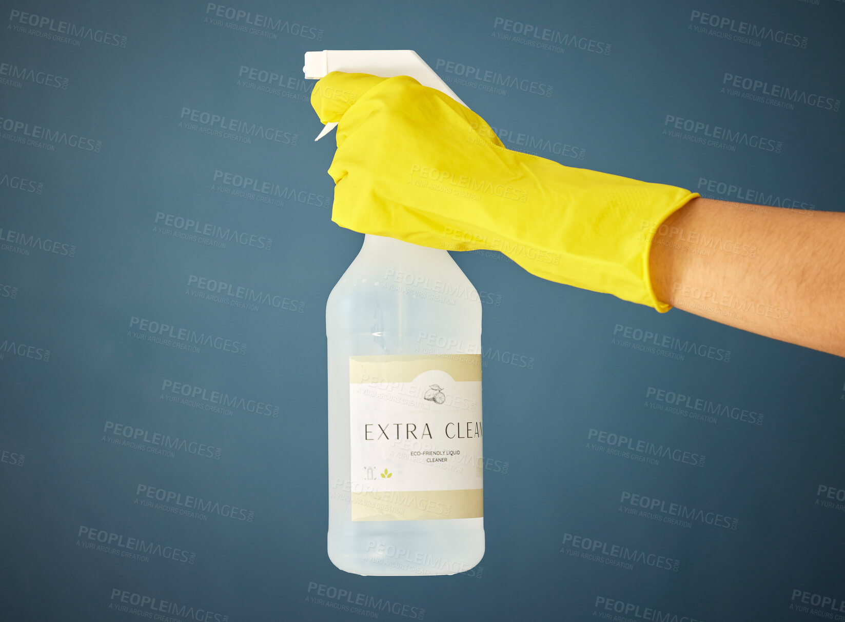 Buy stock photo Cleaner hand, glove and product for cleaning, hygiene and cleaning service with detergent advertising mock up. Eco friendly chemical, spray bottle with disinfectant and cleaning supplies.