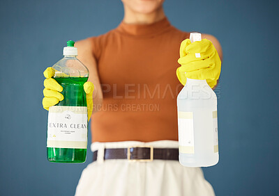 Buy stock photo Product for cleaning, home maintenance and cleaning service, chemical and soap for hygiene mockup. Spring cleaning, spray bottle and detergent advertising, woman with gloves against studio background
