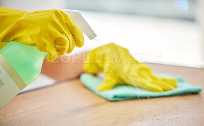 Buy stock photo Cleaning, spray and hands of woman with table furniture for healthcare, safety and bacteria. Dust, chemical and product with cleaner and cloth at home for disinfection, virus and germs protection