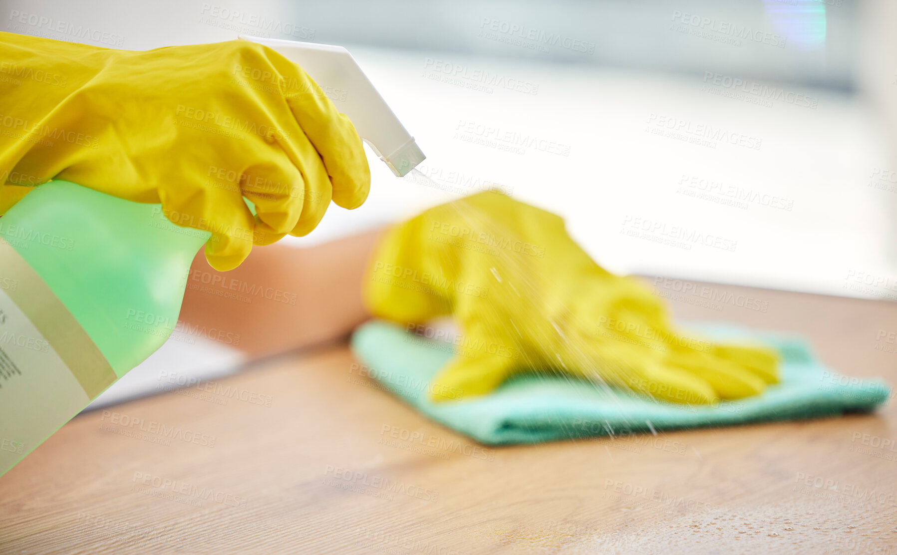 Buy stock photo Cleaning, spray and hands of woman with table furniture for healthcare, safety and bacteria. Dust, chemical and product with cleaner and cloth at home for disinfection, virus and germs protection