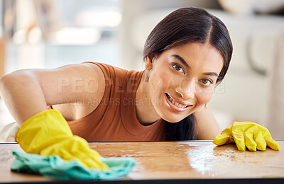 Buy stock photo Smile, cleaning and fabric with portrait of woman and table for hygiene, bacteria and dust. Housekeeping, cleaner and washing with girl maid at home for disinfection, tidy and domestic with chores