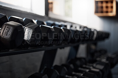 Buy stock photo Zoom, fitness or workout dumbbells in gym studio for bodybuilding development, exercise or muscle training health wellness. Metal, motivation or heavy weights for sports, power or healthy lifestyle