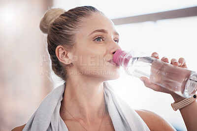 Buy stock photo Fitness, workout and exercise woman drinking water bottle for hydration break on cardio run in nature. Training, running and healthy lifestyle of athlete girl with drink for health, hydrate and sport