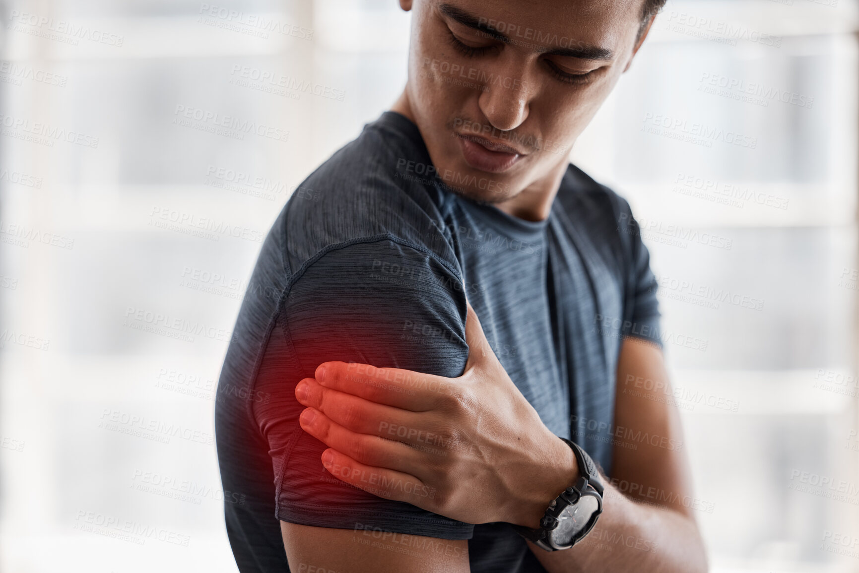 Buy stock photo Fitness, medical or man with shoulder pain overlay in gym for exercise, workout or training overwork. Healthcare, sad or athlete with arm injury emergency health wellness, sports or cardio problem