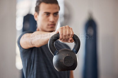 Buy stock photo Fitness, kettlebell and bodybuilder with man in gym for training, workout and endurance. Health, exercise and weightlifting with strong athlete for power, wellness and performance in sports club
