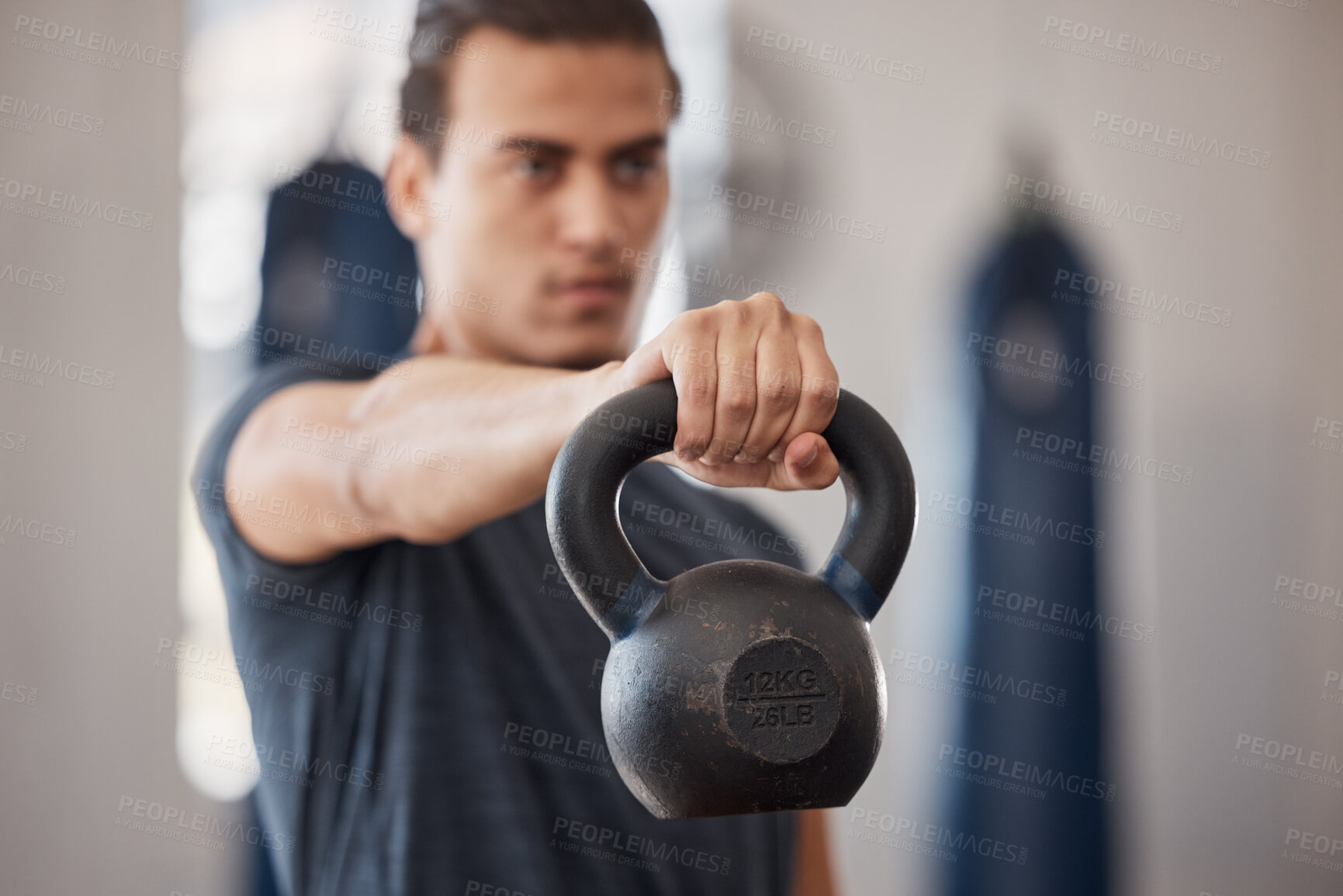 Buy stock photo Fitness, kettlebell and bodybuilder with man in gym for training, workout and endurance. Health, exercise and weightlifting with strong athlete for power, wellness and performance in sports club