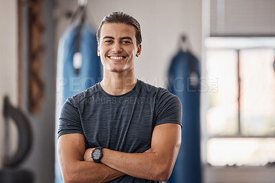 Buy stock photo Gym, fitness and portrait of proud man standing with smile, motivation, health and energy for training. Coach, personal trainer or happy boxing club owner in studio for workout, coaching and wellness