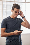 Gym, man and smartphone, music and social media connection, fitness playlist and motivation, wellness or workout. Happy athlete, mobile app and audio radio listening, technology and training exercise