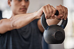 Man, kettlebell and weightlifting hands in closeup at gym for training, exercise or health with focus. Bodybuilder, strong and workout for healthy body, wellness or muscle development in fitness gym
