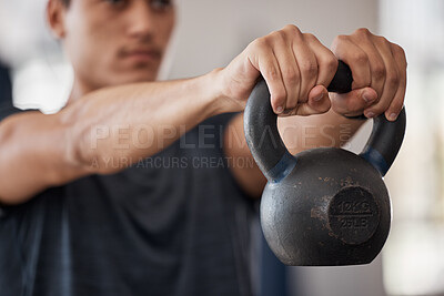 Buy stock photo Man, kettlebell and weightlifting hands in closeup at gym for training, exercise or health with focus. Bodybuilder, strong and workout for healthy body, wellness or muscle development for fitness
