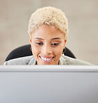 Happy, business woman and computer working in a startup office. Smile and corporate entrepreneur happiness while typing email or reading online report with research or planning in a corporate company