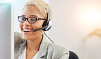 Happy call center , CRM or customer service woman for success telemarketing, communication or networking customer. Smile, consultant face or sales advisor for help, support or contact us on computer
