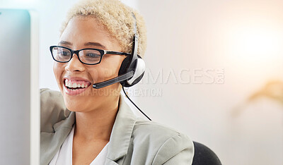 Buy stock photo Happy call center, CRM or customer service woman for success telemarketing, communication or networking mockup. Smile, consultant face or sales advisor for help, support or contact us on computer