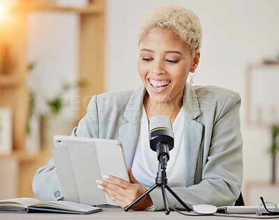 Buy stock photo Tablet, woman influencer and microphone for podcast for social media channel, speaker and presenter in office. Young female, digital technology and radio presenting, communication and mike for online