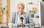 Business podcast, interview and radio, office desk and live streaming news, broadcast conversation or audio discussion. Portrait, black woman or presenter hosting company talk show blog on microphone