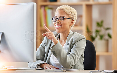 Buy stock photo Computer, success and business black woman for office desk solution, problem solving and ppt presentation review with smile, African worker in glasses, corporate administration and desktop analysis