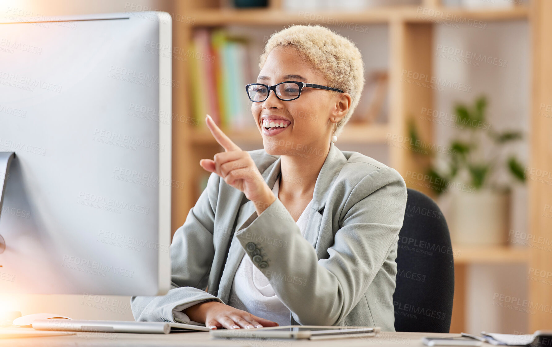 Buy stock photo Computer, success and business black woman for office desk solution, problem solving and ppt presentation review with smile, African worker in glasses, corporate administration and desktop analysis