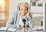 Podcast, computer and microphone black woman with broadcast, news update or live streaming music in office. Business journalist, influencer or radio speaker on mic technology in virtual communication