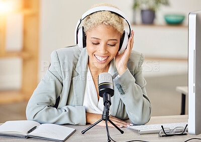 Buy stock photo Podcast, computer and microphone black woman with broadcast, news update or live streaming music in office. Business journalist, influencer or radio speaker on mic technology in virtual communication