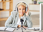 Business woman, portrait smile and podcast with headphones and microphone for recording in the studio. Happy female smiling ready for audio streaming, record or live radio broadcast at the office