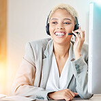 Call center, consulting and help with black woman at computer for telemarketing, customer support and communication. Smile, contact us and crm with employee in office for advice, agent and sales