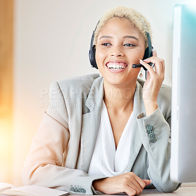 Buy stock photo Call center, consulting and help with black woman at computer for telemarketing, customer support and communication. Smile, contact us and crm with employee in office for advice, agent and sales