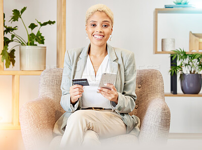 Buy stock photo Online shopping payment, credit card and black woman with phone to order business product stock. Retail ecommerce deal, fintech app or portrait of customer with finance sales card for digital banking