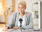 Business podcast, interview and writing notes for radio show, live streaming news and audio broadcast in office. Happy black woman, presenter and journalist hosting digital talk blog on microphone 