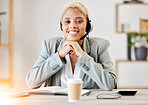 Call center, black woman and portrait, consulting and customer service, receptionist or solution, helping and telemarketing at office desk. Female sales consultant, communication and customer support