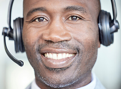 Buy stock photo Call center, face and smile with portrait of businessman for telemarketing, consulting and customer support. Ecommerce, telecom and microphone with black man for crm, help desk and contact us service