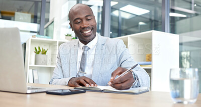 Buy stock photo Black man, business and writing notes, laptop planning and internet research, stock market information and financial trading strategy. Happy finance management, accountant and notebook at office desk