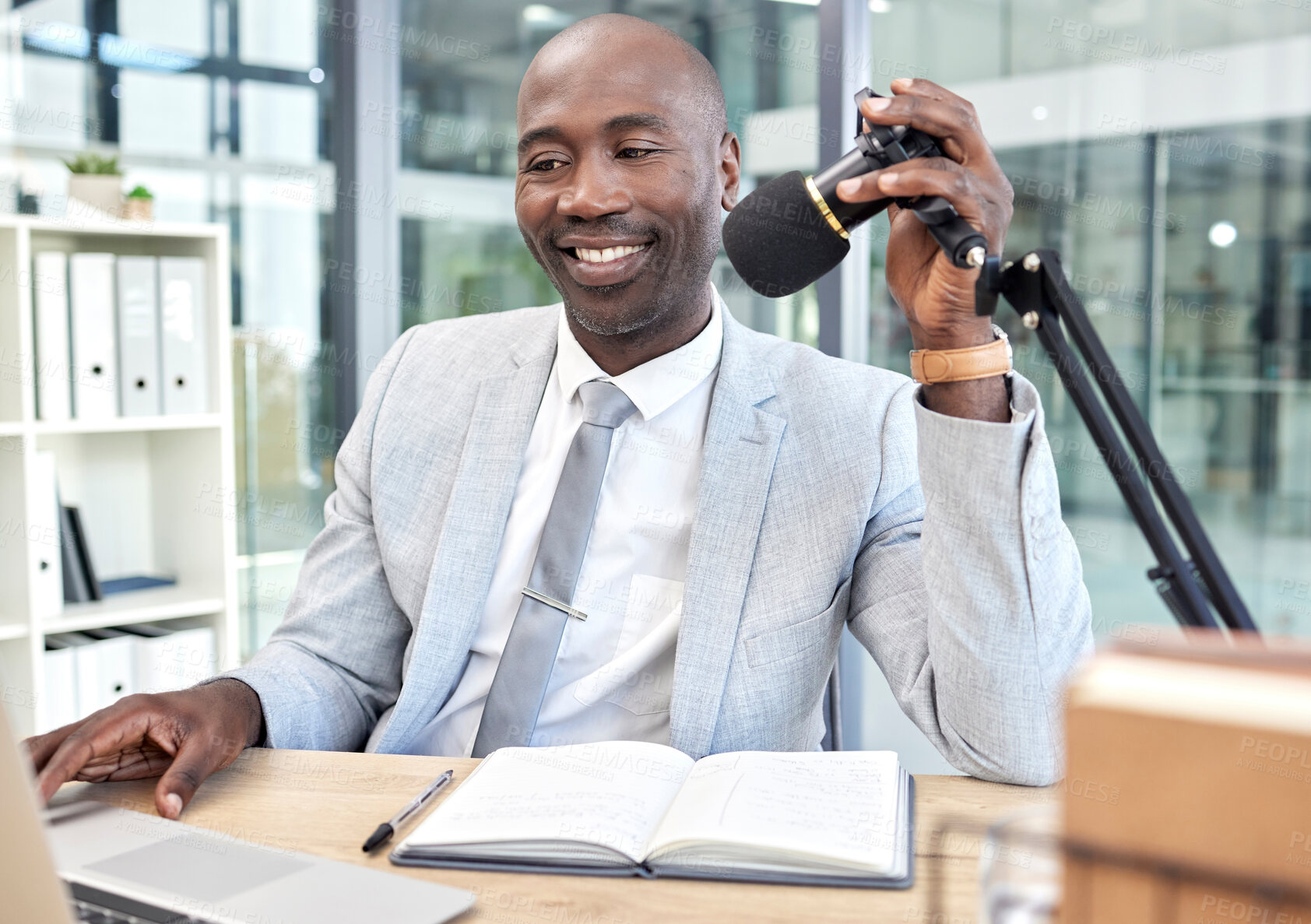 Buy stock photo Radio podcast, laptop or black man with microphone interview, networking or communication in office studio. Speaker, internet influencer or corporate content creator with website news live stream