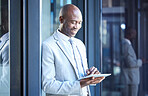 Happy, corporate or businessman with tablet in hand for communication or 5g social media network app at office building. Smile, tech or employee with mobile for networking, success deal or contact us