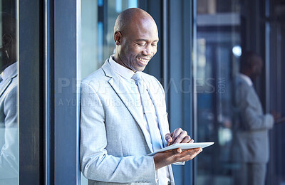 Buy stock photo Happy, corporate black man or businessman with tablet communication or 5g social media network app at office building. Smile, tech or employee with mobile for networking, success deal or contact us