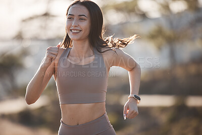 Fitness, motivation or woman running on road or street training, exercise or wellness workout on mountain or nature. Health, sports or happy runner girl with smile for marathon, race or sport event
