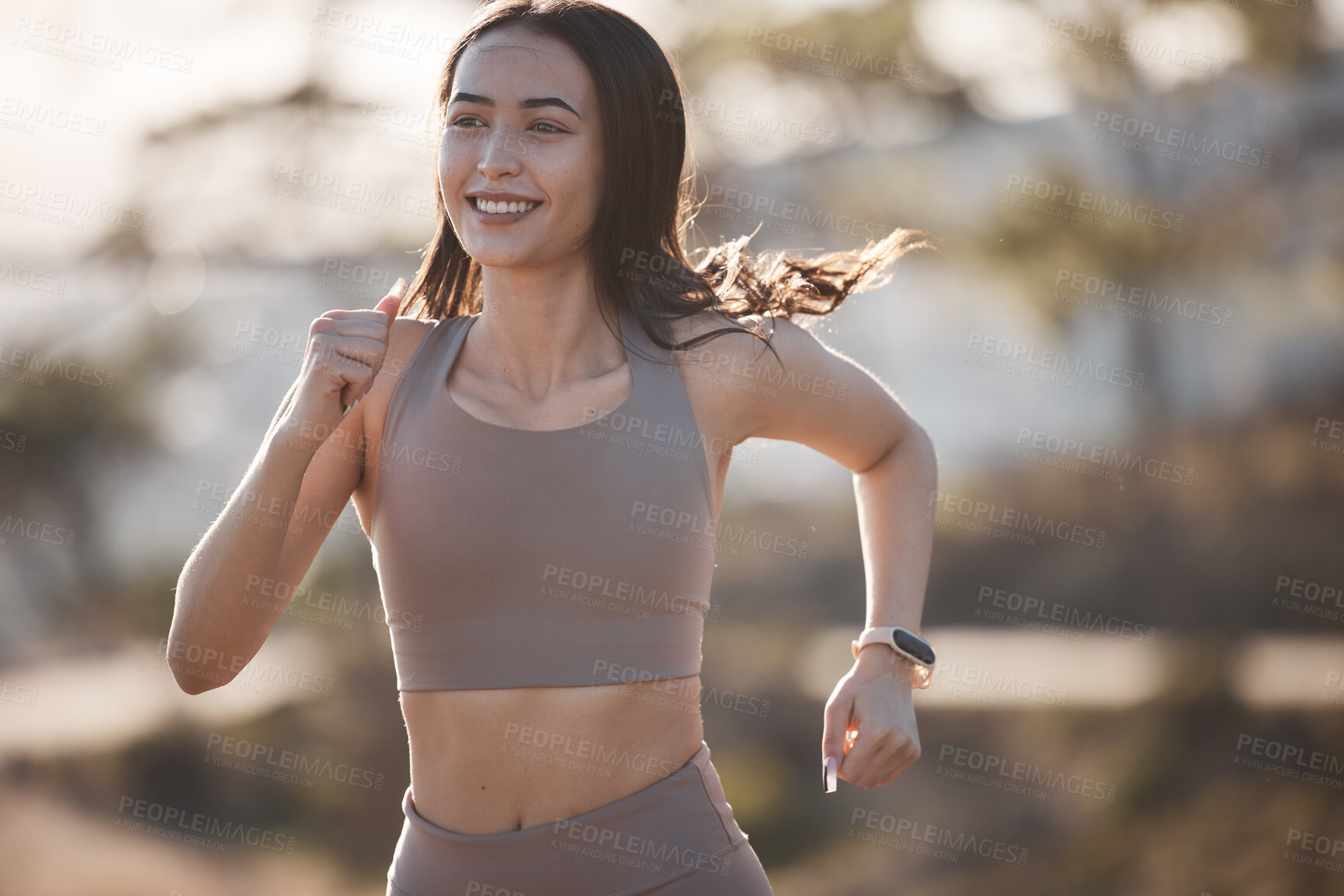 Buy stock photo Fitness, motivation or woman running on road or street training, exercise or wellness workout on mountain or nature. Health, sports or happy runner girl with smile for marathon, race or sport event