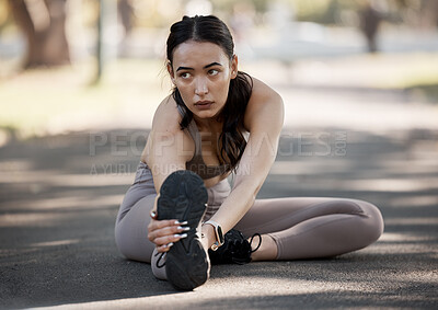 Buy stock photo Stretching, fitness and running with woman in road and training for cardio, workout and exercise. Health, wellness and cardio warm up with girl runner in street for endurance, performance or marathon