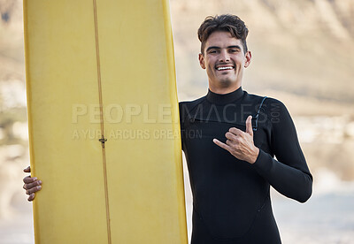 Buy stock photo Happy surfer, hand sign and man, portrait and motivation, beach and summer sports, freedom and happiness in sunshine. Surfing board, shaka and smile guy, ocean and relax, adventure and Miami vacation