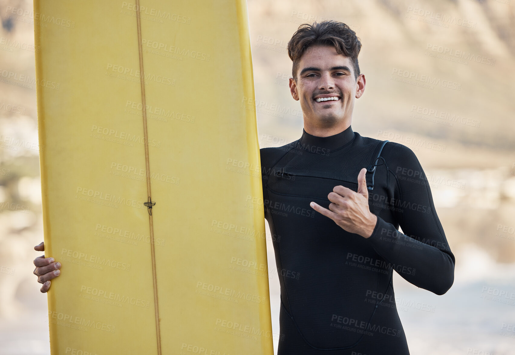 Buy stock photo Happy surfer, hand sign and man, portrait and motivation, beach and summer sports, freedom and happiness in sunshine. Surfing board, shaka and smile guy, ocean and relax, adventure and Miami vacation