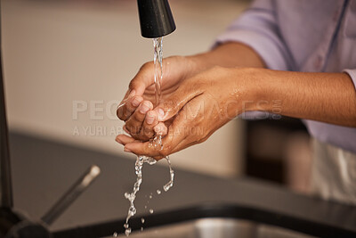 Buy stock photo Washing hands, sink and water cleaning for wellness, health and hygiene hand care in a home. Person at a house kitchen faucet for bacteria and healthcare safety for cooking and soap with skincare