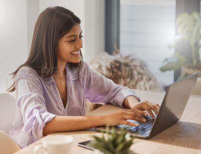 Buy stock photo Happy, laptop or business woman from India working for networking, communication or social media in office building. Smile, motivation or corporate employee with tech for planning, internet or review