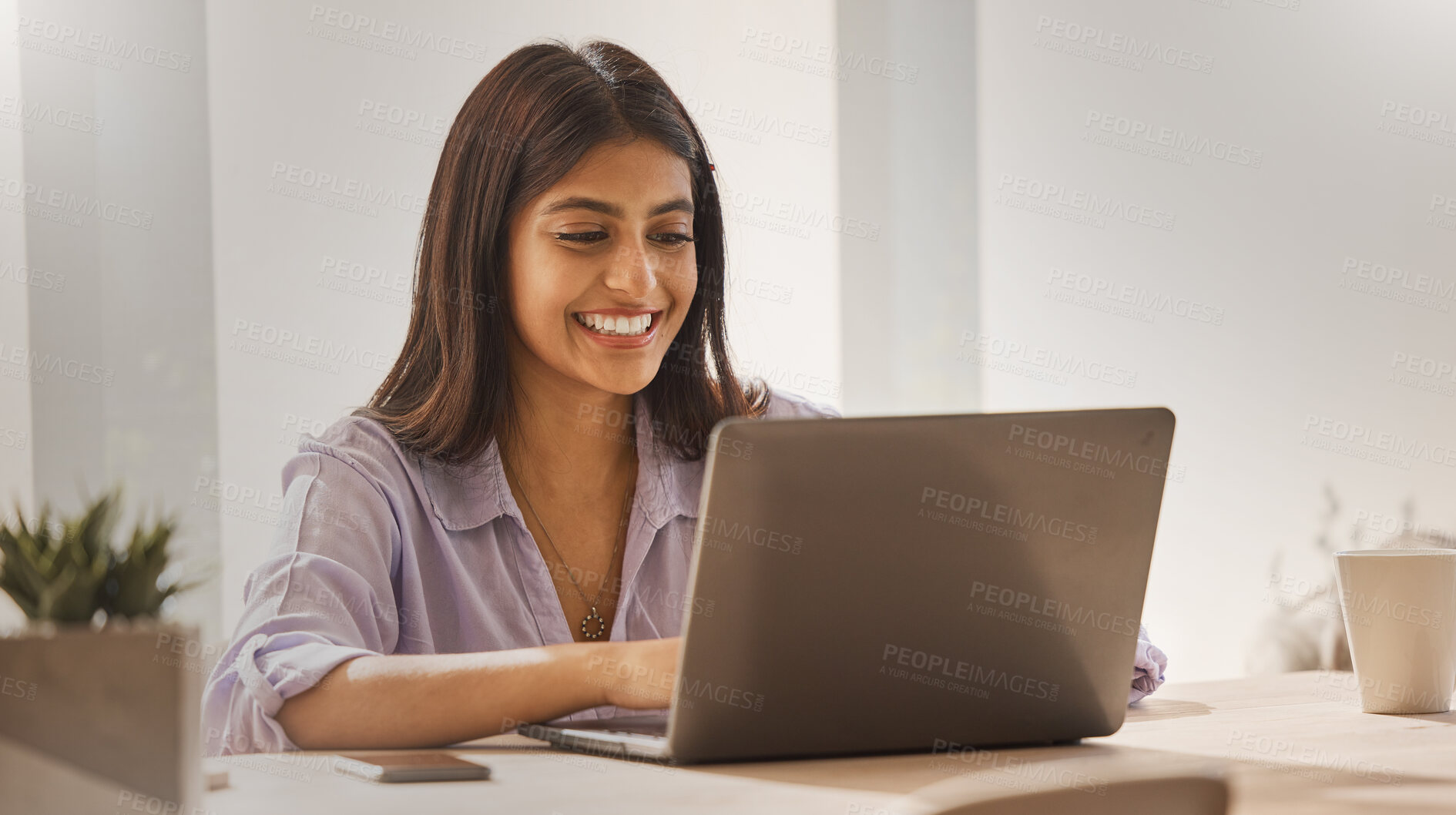 Buy stock photo Internet, laptop and woman from India in home office, happy freelance worker at desk. Indian startup businesswoman with smile, technology and online project for trendy social media management company