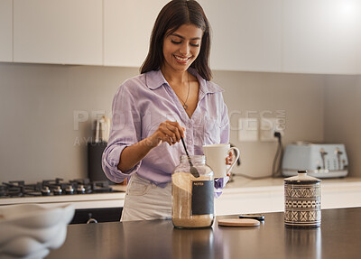 Buy stock photo Kitchen, coffee and woman with sugar in home for cappuccino, espresso or caffeine. Tea, happy and smile of female from India in house preparing a delicious, hot and sweet beverage to relax alone.