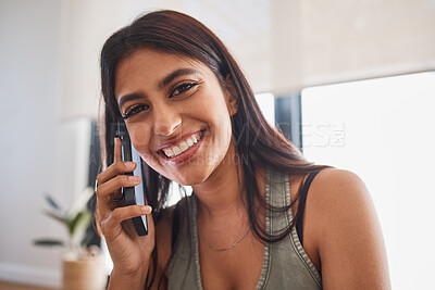 Buy stock photo Woman, smile and phone call in home portrait for communication, conversation or talking with happiness. Girl, smartphone and happy in living room, lounge or house for networking on phone in Mumbai